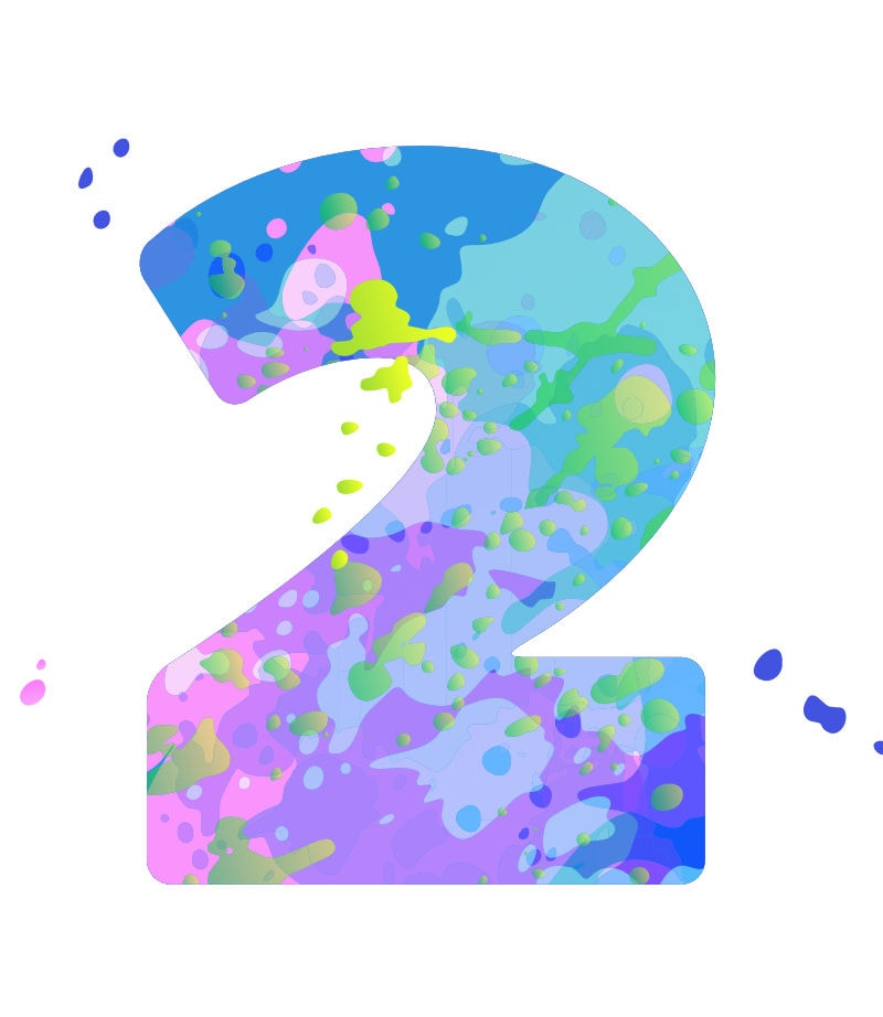 The number 2 painted with splatters of purple, blue, green and pink