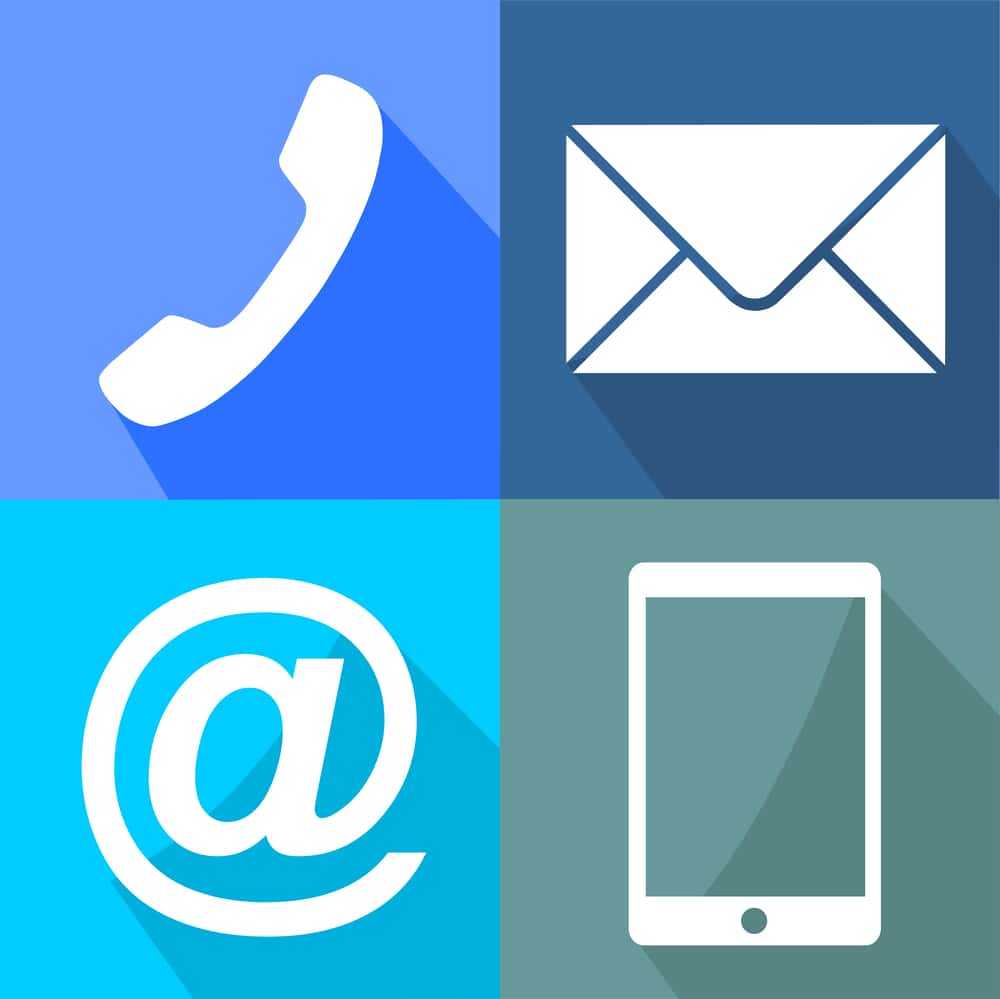 Four communication icons - phone, email, social media, and text